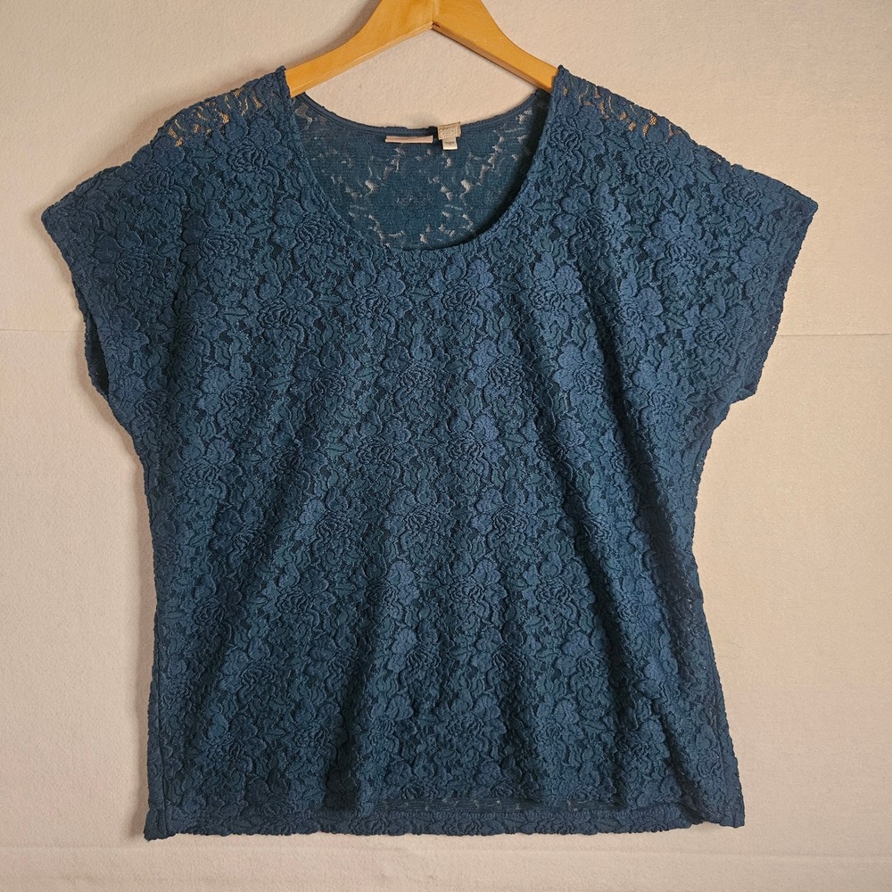 Chicos Womens Teal Blue Floral Lace Scoop Neck Cap Sleeve Blouse Top Size 3 XL
